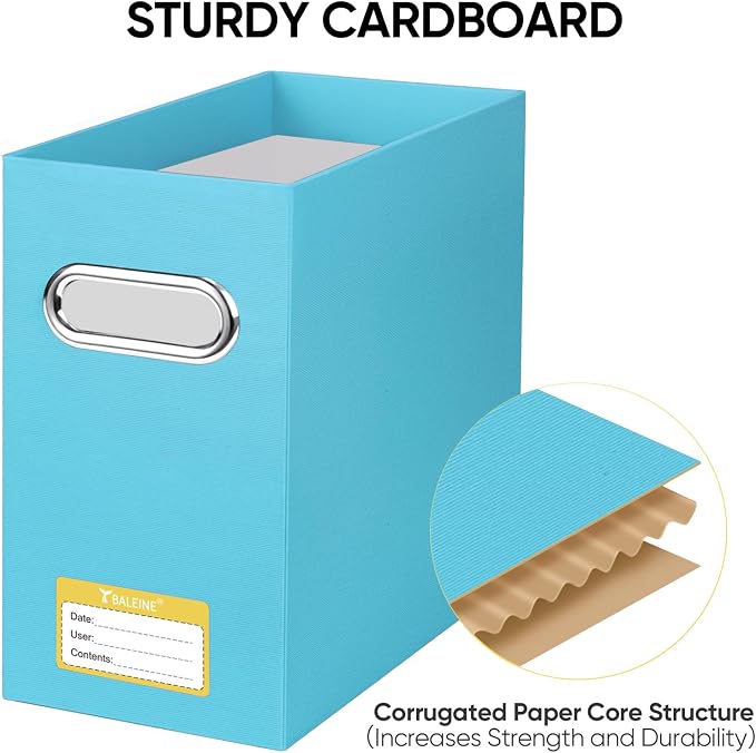 BALEINE 4PK File Organizer Box, Cardboard File Folder Organizer with Handle | Strong Corrugated Paper Core, Label Stickers for Identification, Hanging File Folder Organizer, Home Office Document Storage