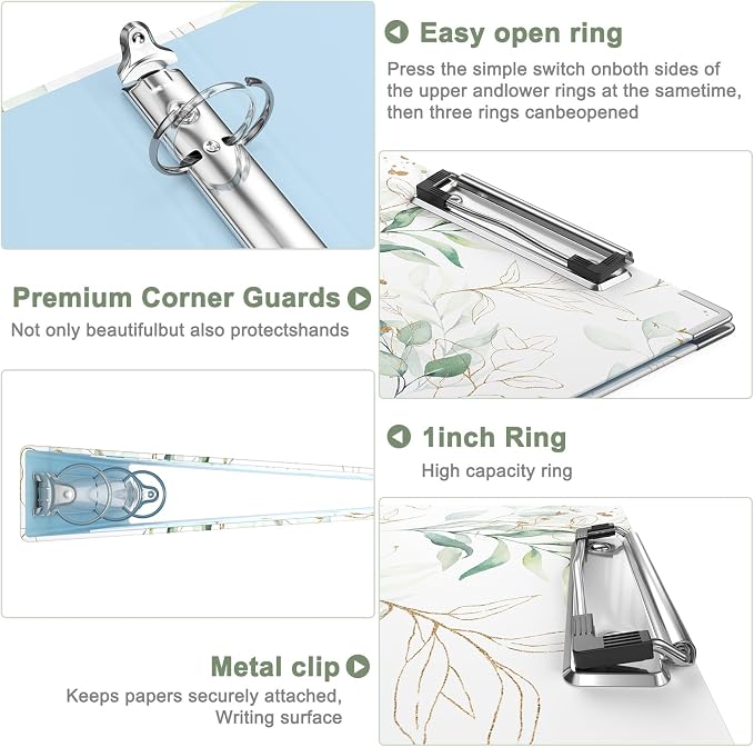 Rouidr Mini 3 Ring Binder with Clipboard, 1 inch Round 8.5 x 5.5 in Cute Binders Organizer with 5 Dividers Tabs & Clear Sleeves, School Supplies, Office Supplies, Leaves