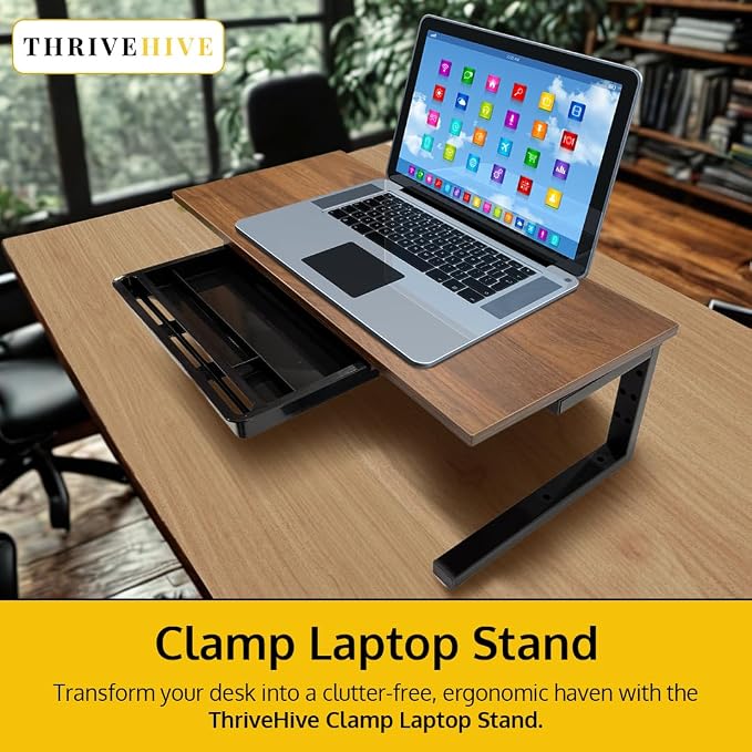 *Test* Ergonomic Clamp-On Laptop and Computer Monitor Riser Stand with Drawer, 21.6 x 9.8 inch - Dark Brown|Laptop Stand for Desk, Monitor Riser, Desk Organizer, Office Desk Home Workspace