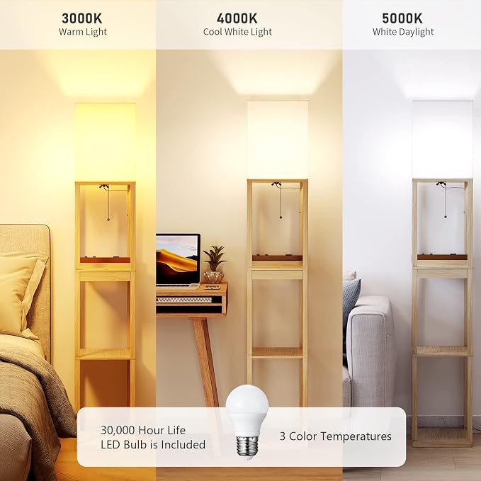 SUNMORY Floor Lamp with Shelves,Modern Dimmable Wood Standing Lamp with 1 Drawer and 2 USB Ports & 2 Power Outlet,Corner Tall Bookshelf Lamp for Living Room and Bedroom(Wood Color) | 1 Drawer & 2 USB Ports & 2 Power Outlet, 3 CTT Bulb, Modern Dimmable ...