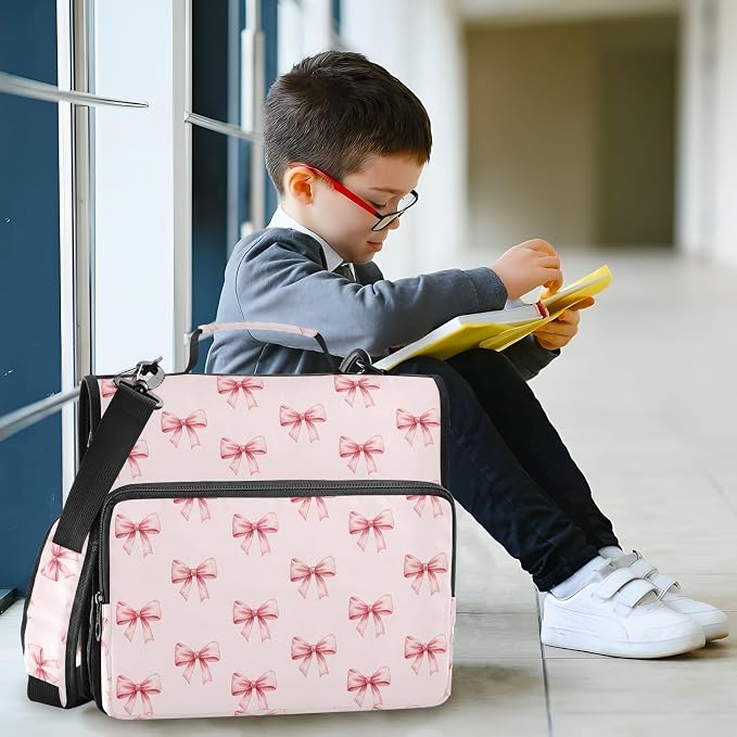 Pink Ribbon Bow Print Zipper Binder Bag 3 Ring with Shoulder Strap & Handle Multi Pocket Binder Organizer Bag Large Capacity for School Office Supplies
