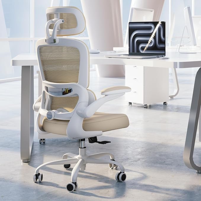 TRALT Office Chair Ergonomic Desk Chair - Gaming Chair with Lumbar Support | 330 LBS Home Office Desk Chairs with Headrest, Reading Chair with Flip-up Armrests, Comfortable Computer Chairs (1, Beige)