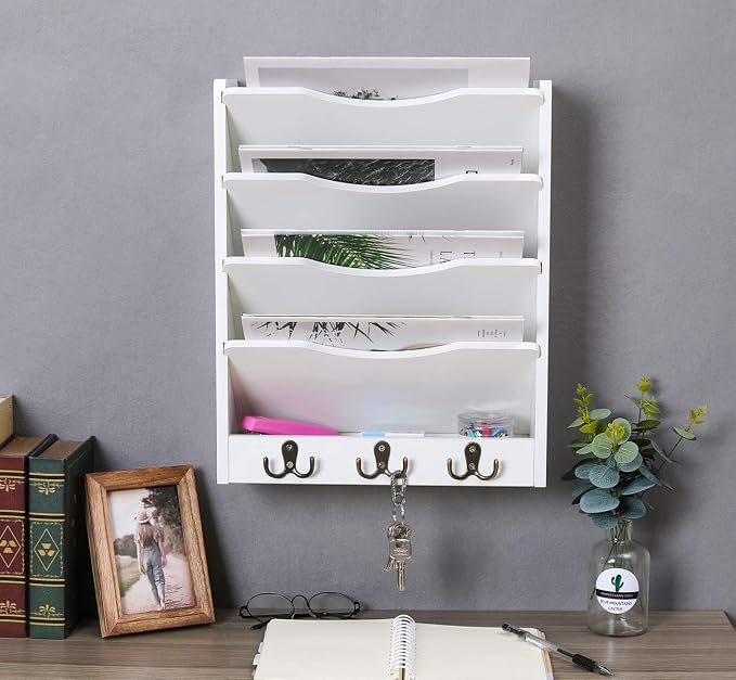 5-Tier Wall File Holder Hanging Mail Organizer Wood Magazine Literature Rack with 6 Hooks, White