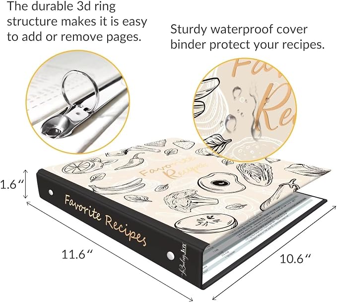 Recipe Binder with Plastic Sleeves, 8.5x11 3 Ring Blank Recipe Book Binder | Premium recipe binder kit with waterproof cover, sleeves, cards, dividers and gift box for preserving recipes-Oyster White.