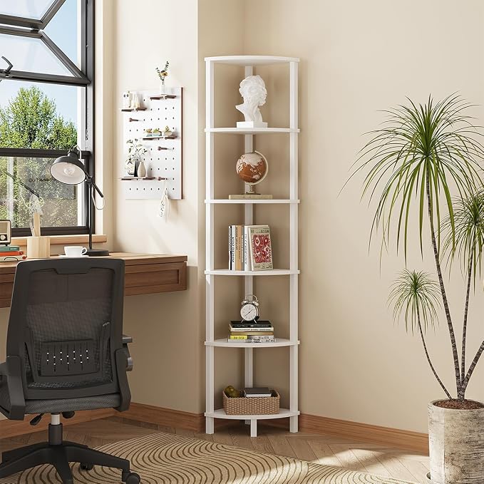 VIMBER Corner Shelf, 6-Tier Corner Bookshelf, Industrial Corner Ladder Shelf, DIY Storage Shelves, Modern Display Shelf for Living Room, Bedroom, Kitchen, Home Office, White UJSJ004W