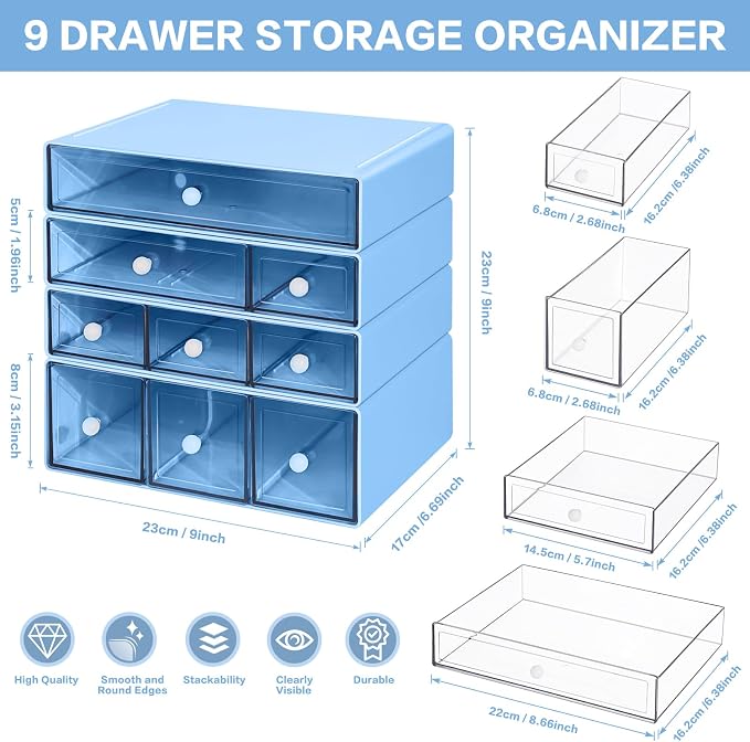 Desk Storage Organizer with 9 Drawers, 4 Tiers Stackable Desktop Craft Storage Drawers, Clear Storage Box Caddy for Stationary Makeup Jewelry Office Craft Supplies (Blue)