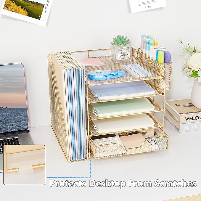 5-Tier Desk File Organizer with Drawer & Pen Holder (Gold) | Desk Organizers and Accessories, Office Desk Accessories & Workspace Desktop Organizers for Classroom, Home, Office Supplies
