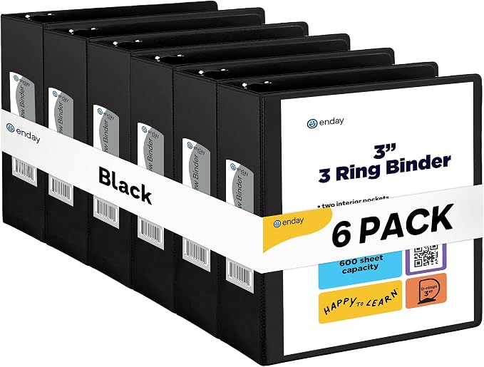 Enday 3 inch Binder (6 Pack - Black) 3 Ring Binder 3 inch with Clear View Cover and 2 Inside Pocket - for Letter Size 8.5 x 11'' Paper, Ideal for School Supplies, Office, and Home