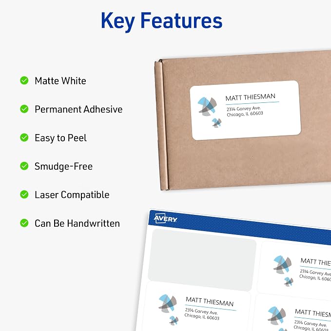 Avery Durable Waterproof Shipping Labels with Sure Feed Technology, 3-1/3" x 4", White, Laser Compatible, 300 Blank Labels Total, Great for Mailing, Branding, and More (5524)