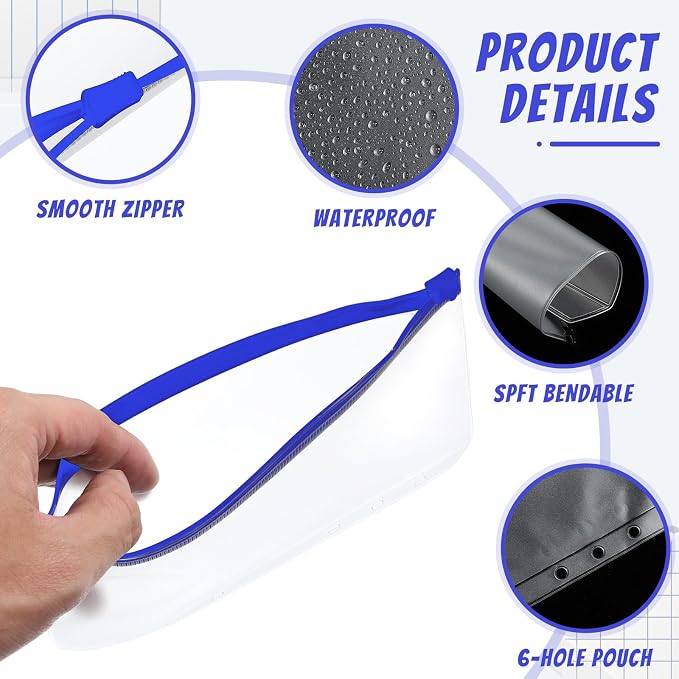 Zonon 30 Pcs A5 6 Rings Blue Zipper Binder Pouches Clear Binder Pockets with Zipper Folders Waterproof PVC Loose Leaf Bags Filling Bags for Pen Pencil Notebooks File Document