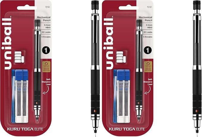 UNI uniball Kuru Toga Elite Mechanical Pencil Starter Kit,0.5mm,HB #2,Gun Metal Barrel,(Pack of 2)