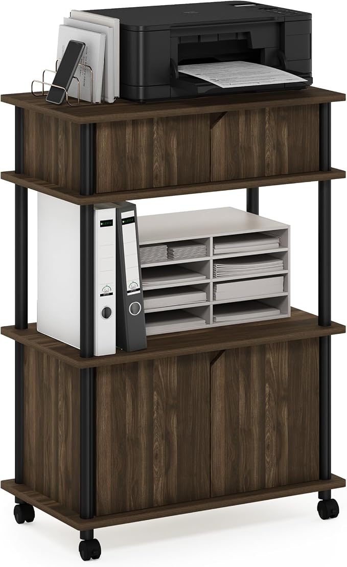 Furinno Turn-N-Tube Toolless Multipurpose Printer Stand Display Storage Shelf Cabinet with Wheels, Columbia Walnut/Black