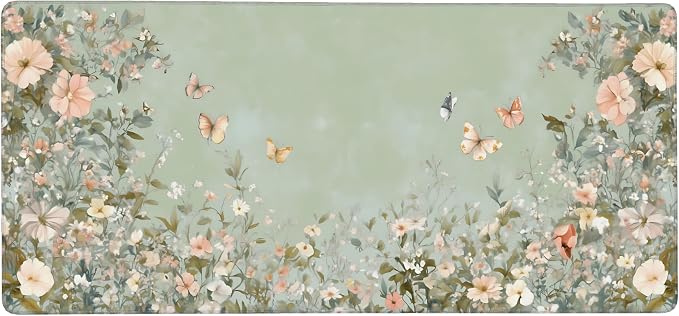 Cute Floral Aesthetic Wildflower Gaming Mouse Pad, Sage Green Macaron Desk Mat with Anti-Slip Base & Stitched Edges, Office & Home Desk Decor for Women, 35.4" x 15.7" in Computer Desktop Mat