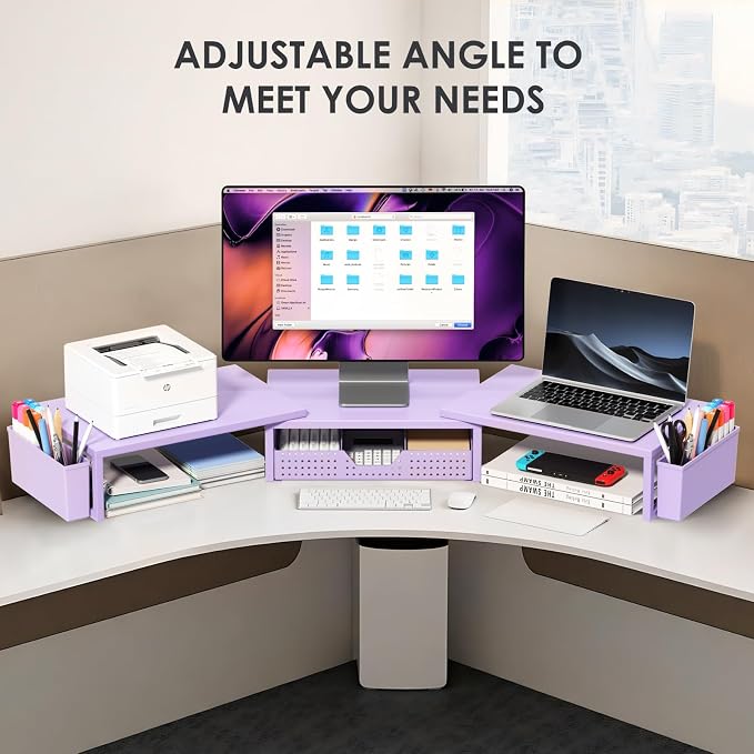 Desk Organizers and Accessories, Dual Monitor Stand Riser with Drawer and 2 Pen Holders, Desk Shelf Computer Racks for Office Workspace Organizers, Desktop Organization (Purple)