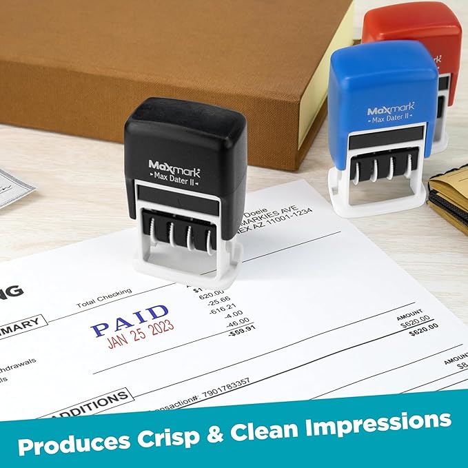 MaxMark Self-Inking Rubber Date Office Stamp with Paid Phrase & Date - Black Ink (Max Dater II), 12-Year Band