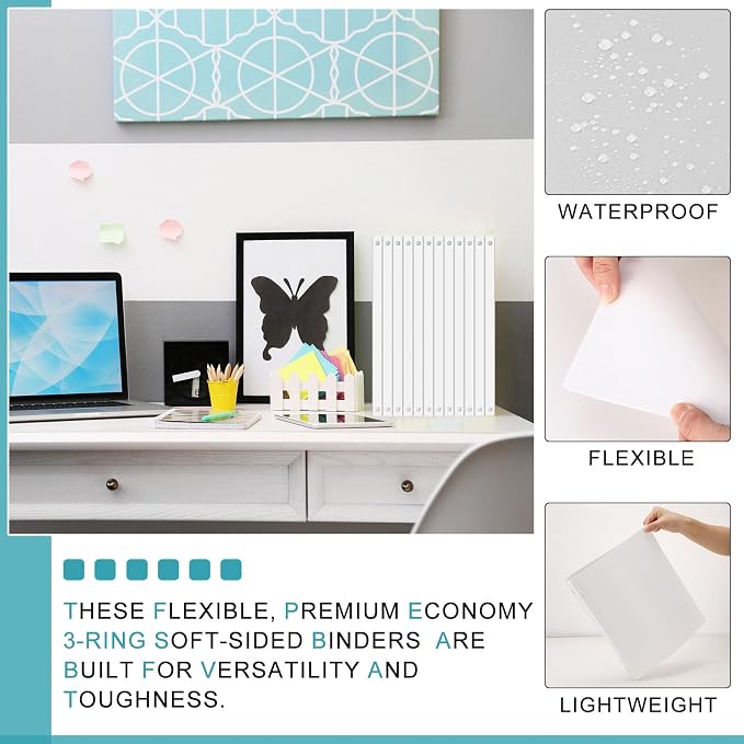 Fulmoon 12 Pcs Economy View 3 Ring Plastic Binder 12.2 x 9.8 Inch Plastic Round Ring Binders with Pockets Notebinder for Meetings for Home, Office, School(White, 1/2 Inch)