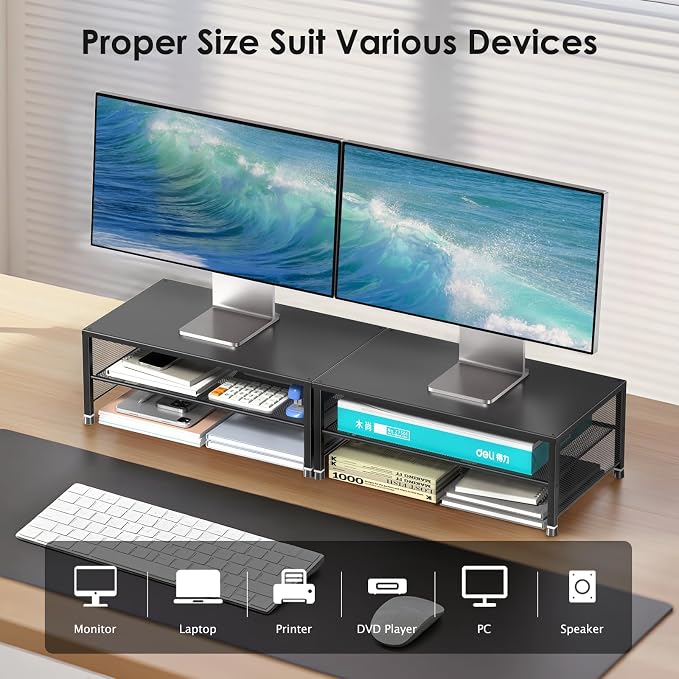 ECOLOVI 2-Tier Computer Monitor Stand Riser, Printer & Laptop Stand, Office Desk Accessories, Workspace Desk Organizer for Home Office Supplies, Black 2-Pack