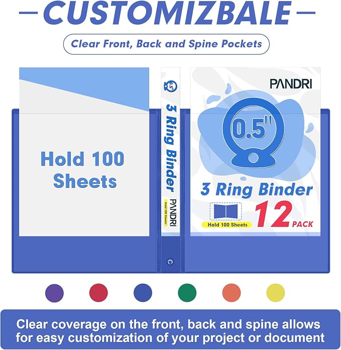 3 Ring Binder 0.5 Inch, PANDRI 12 Pack 0.5-Inch Binder Fits Letter Size 8.5'' x 11'' Paper, Versatile Binders for Office Home School, 2 Pockets, Color