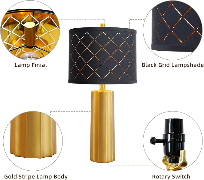 Set of 2 Modern Table Lamps for Living Room Bedroom, Gold Nightstand Resin Lamps with Black Grid Shade, Contemporary Desk Lamps for Bedside End Tables, 2 Bulbs Included (Gold) | Nightstand Resin Lamps with Black Grid Shade, Contemporary Desk Lamps for ...
