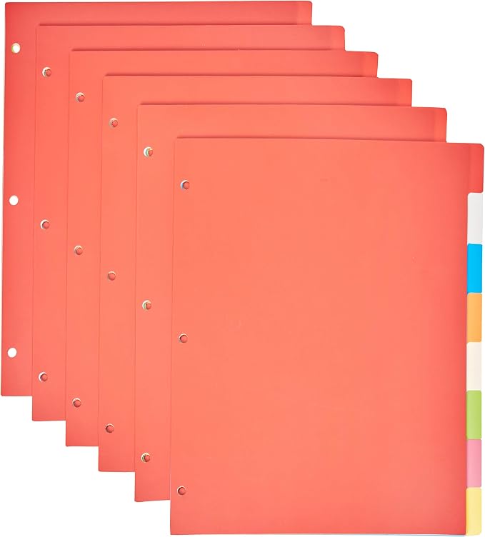 Amazon Basics 8-Tab Plastic Binder Dividers with Multicolor Tab Labels for 3 Ring Binder, Letter Size, 48 Sets