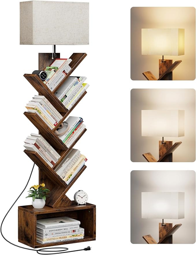 Evermagin 6 Tier Tree Bookshelf with Light, Bookcase, Rustic Brown | Narrow Tower Design, Storage Cabinet for Book Organization, Tall Floor Standing Use, Living Room, Bedroom and Home Office