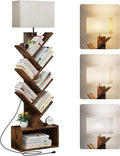 Evermagin 6 Tier Tree Bookshelf with Light, Bookcase, Rustic Brown | Narrow Tower Design, Storage Cabinet for Book Organization, Tall Floor Standing Use, Living Room, Bedroom and Home Office