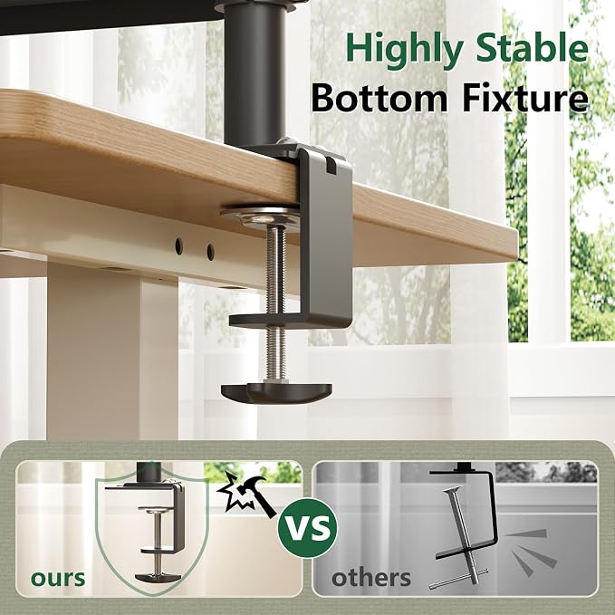 3 Tier Clamp on Desk Shelf, 360° Rotatable Desk Riser, Black | Height Adjustable Desktop Storage Tray with Baffle, Over or Under Desk Organizer Shelf for Office Accessories