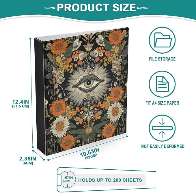 Vintage Floral Eye Goth Witchy Binder 3 Ring 1.5 Inch Binder with Clipboard&Pockets, Hardcover Binders Heavy Duty Large File Folder for Office School Supplies - Holds 200 Sheets