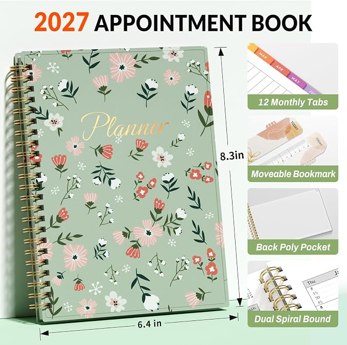 SUNEE 2027 Appointment Book, Quarter-Hourly, Weekly Monthly Planner, 6" x 8.3",Green Wildflower