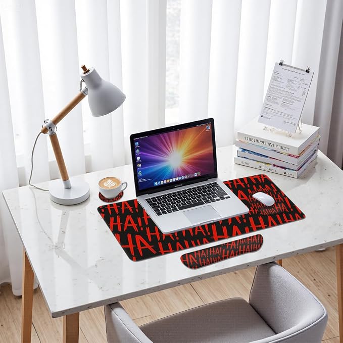 Red Graffiti Mouse Pad Set HaHa Cool Gaming Mousepad 4in1 Desk Mat for Desktop Wrist Support Cup Coaster Set Ergonomic Computer Desk Arm Wrist for Decor Home Office