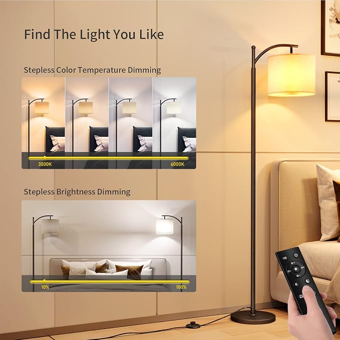 SUNMORY Arc Floor Lamp, Modern Floor Lamp with Remote Control and 9W Bulb | Stepless Dimmable Metal Standing Lamps with Hanging Lampshade for Living Room, Bedroom, Office