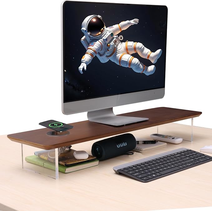 SUIBIAN Elegant Wood & Acrylic Monitor Stand with 15W Wireless Charging – 31.5" Large Desk Riser for Ergonomic View, Desktop Organizer, Laptop & PC | Modern Floating Design(Walnut Wood)