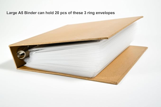 Plastic 3 Ring Binder Pockets Clear Pouches for 5.5’’ x 8.5’’ Paper Folder Organizer Hook Loop Closure 10 Pack