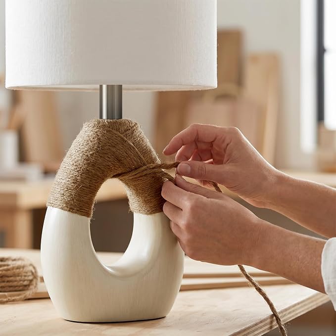 19'' Boho Small Table Lamps Set of 2 for Bedroom, Farmhouse Bedside Lamps with Rattan Rope for Living Room, Nightstand Lamps for Side End Table Sofa Entryway Home Decor, White and Beige