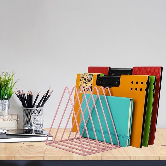 Vinyl Record Holder Storage, 9 Slot Metal Magazine Book Album Display Rack, Stylish Triangle Desktop File Sorter Organizer for Home Office, Pink
