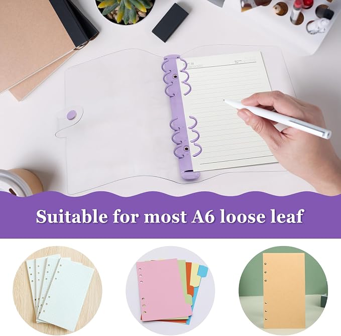 6 Pack PVC A6 Binder Transparent 6 Ring Binder Clear Soft PVC Notebook Cover Budget Planner Folder Cover with Snap Button