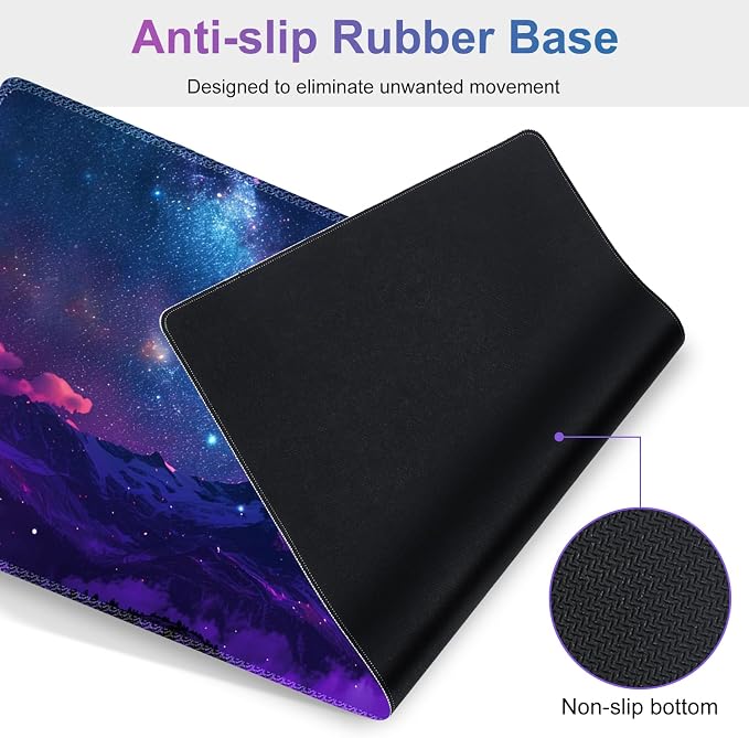 Large Gaming Mouse Pad Set, Purple 4 in1 Ergonomics Keyboard Desk Mat with Memory Foam Wrist Rest, Extended Game Mousepad, Non-Slip Desk Pad Matt Easy Typing Pain Relief I Galaxy Mountain