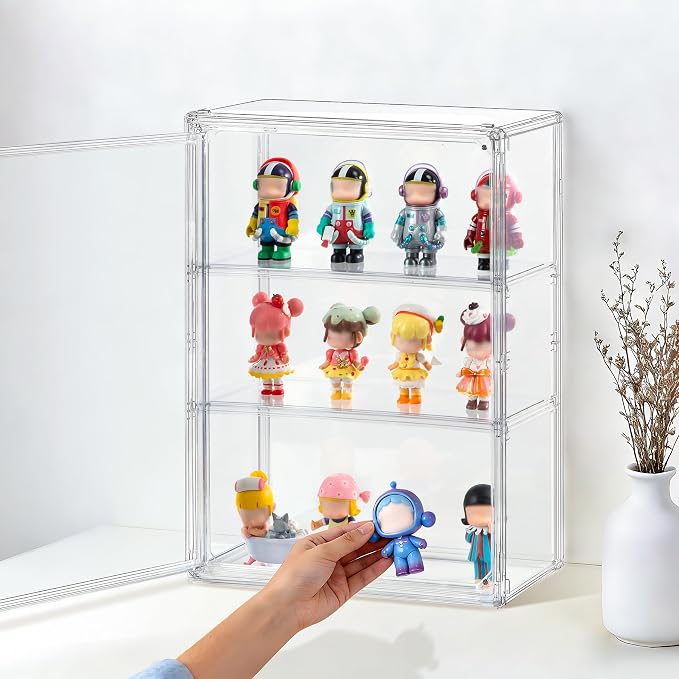 1 Pack ﻿3-Tier Clear Acrylic Display Case Wall-Mounted & Stackable Organizer with Magnetic Door, Dustproof Storage Cabinet for Collectibles Handmade Models (1, 10.6"(L) x 5.1"(W) x 14.2"(H))