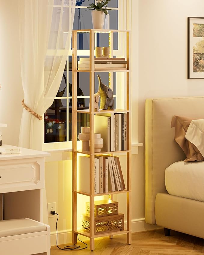 Open Book Shelf with LED Lights, 6 Tier Tall Bookshelf, Freestanding Shelf Narrow Bookcase with Open Shelves, 14.57" x 10.63" x 65.83", Book Shelves for Living Room, Office, Study, Oak