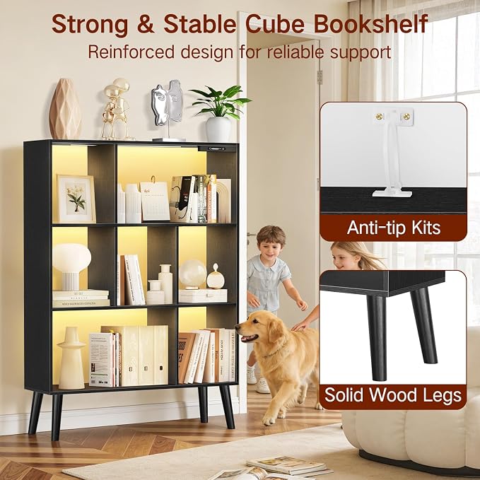 7-Cube Bookshelf with LED Lights, Touch & Remote Control, Freestanding Open Bookcase Storage Shelf, Dimmable Modern Wooden Display Organizer with Legs for Living Room, Bedroom, Office(Black)