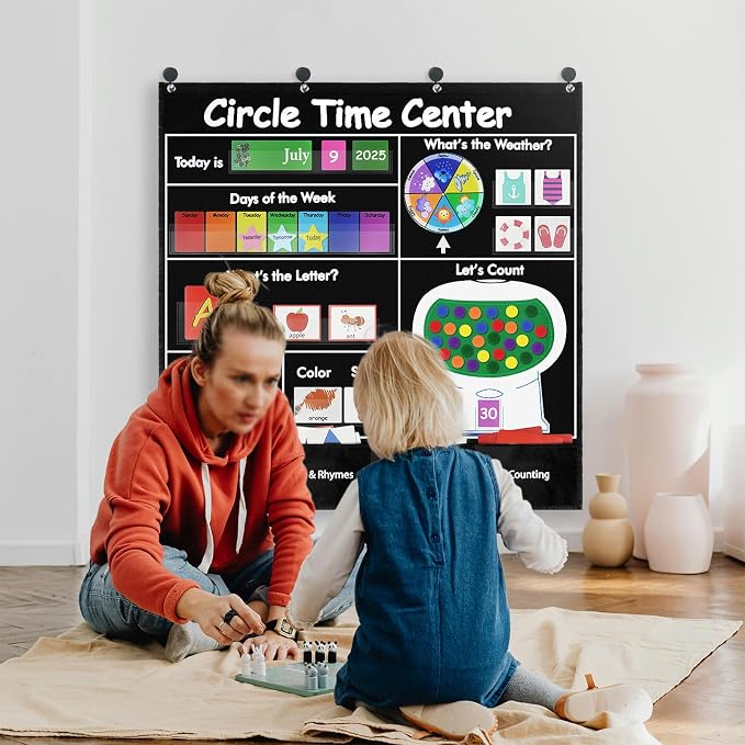 Circle Time Learning Center Classroom Pocket Chart, Educational Teaching Materials with Cards for Preschool, Learning Calendar Weather Letter Rhyme Color Shape Counting Number etc, (Black)