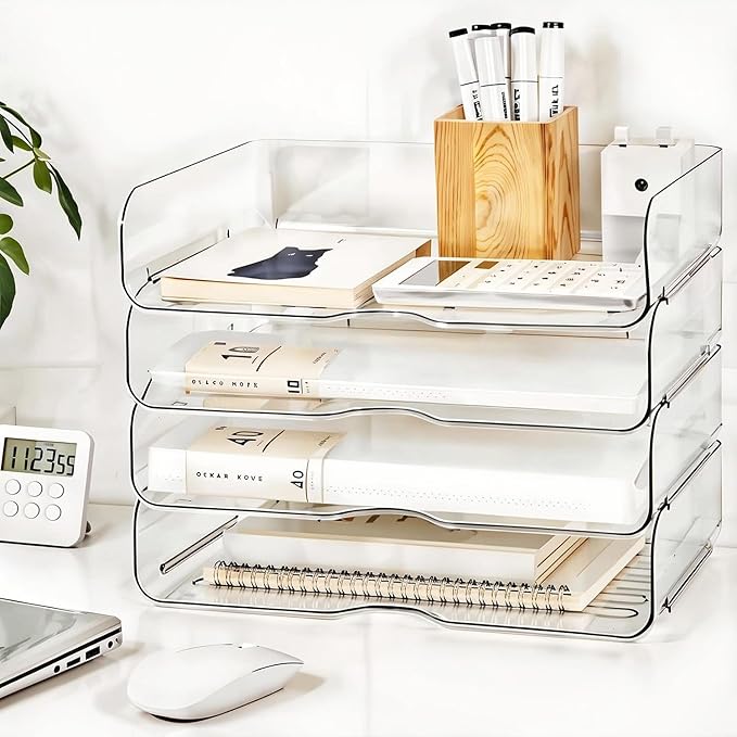 DCA 4 Tier Large Capacity Desk Organizer, Clear Stackable Paper Tray | High-Volume File Storage | Office, Home & School Use | Easy Assemble | Letter & A4 Compatible