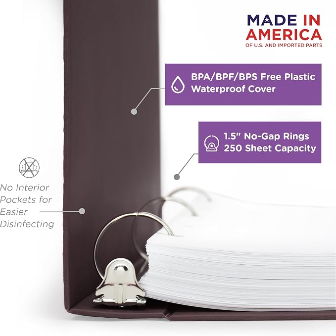 Carstens 1.5-Inch Heavy Duty 3-Ring Binder - Side Opening, Plum, Durable Plastic, No-Gap Rings, Waterproof Covers, No Pockets, Holds 250 Letter-Size Sheets, BPA-Free, Made in USA (2044-3R), Case of 20