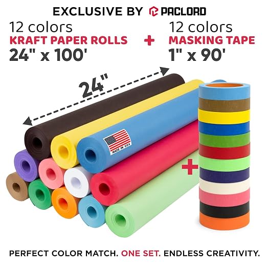 12 Rolls of Colored Kraft Paper and 12 Rolls of Colored Masking Tape | 1" Wide Tape, 24" x 100' Kraft Paper Rolls - Bulk Kids Craft Supplies - For Arts, Decoration, DIY, School