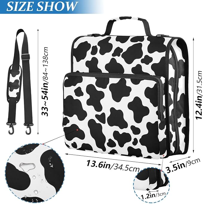 Cow Print 3 Ring Binder Bag 1.5 inch Binder Organizer with Zipper Shoulder Strap 500 Sheet Documents Storage for School Office