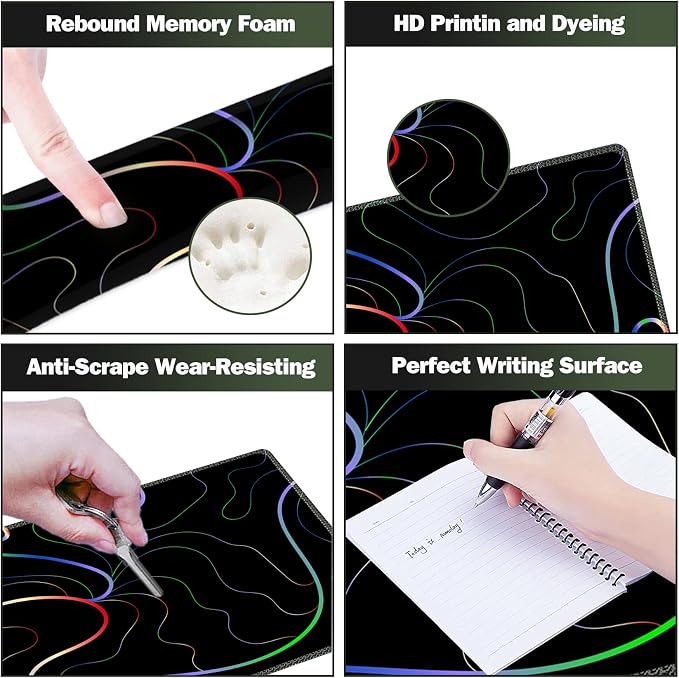 Gaming Mouse Pad Wrist Support Set, XXL Large Desk Mat Mousepad + Keyboard Wrist Support+ Mouse Wrist Rest+Coaster 4in1 Ergonomic, Memory Foam, Stitched Edge for Home Office -Colorful Lines