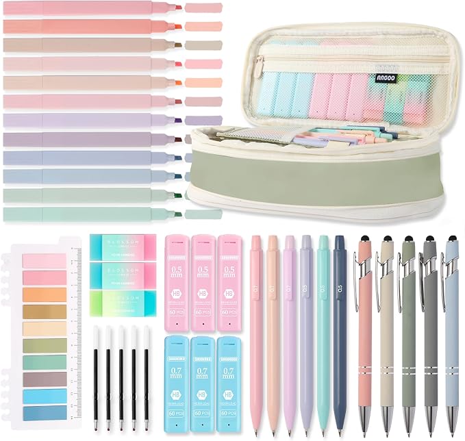 39PCS Aesthetic School Supplies with Cute Pencil Case, 5X Ballpoint Pens with Stylus Tip, 12X Pastel Highlighters, 6X Mechanical Pencil Set 0.5&0.7mm, Suit for Preppy School College Essentials(green)