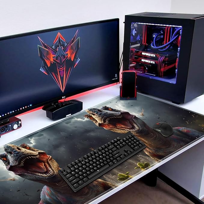 Extended Gaming Mouse Pad 31.5" x 11.8", with Edge Stitching, Non-Slip Rubber Base Keyboard Pad, Suitable for Work, Game, Office, Home and Coasters, Dinosaur