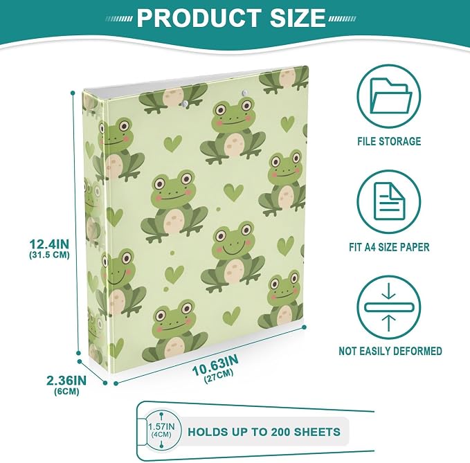ALAZA 3 Ring Binder Frog Cute Animal Clipboard Round Ring Binder Holds 1.5 Inch Three Rings Binder Heavy Duty Binders for School Office Supplies, 1Pack