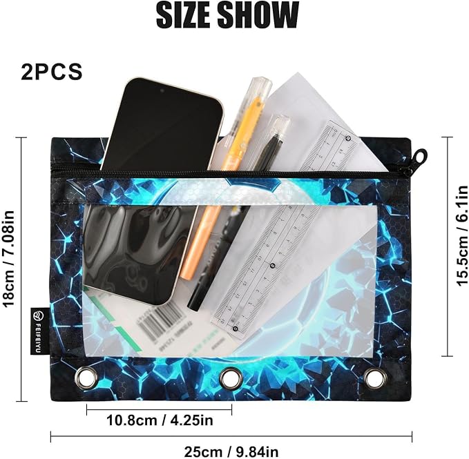 3D Soccer Football Blue Pencil Pouch for 3 Ring Binder, 2 Pack Waterproof Pencil Bags Clear Window Pencil Case Zipper School Office Supplies